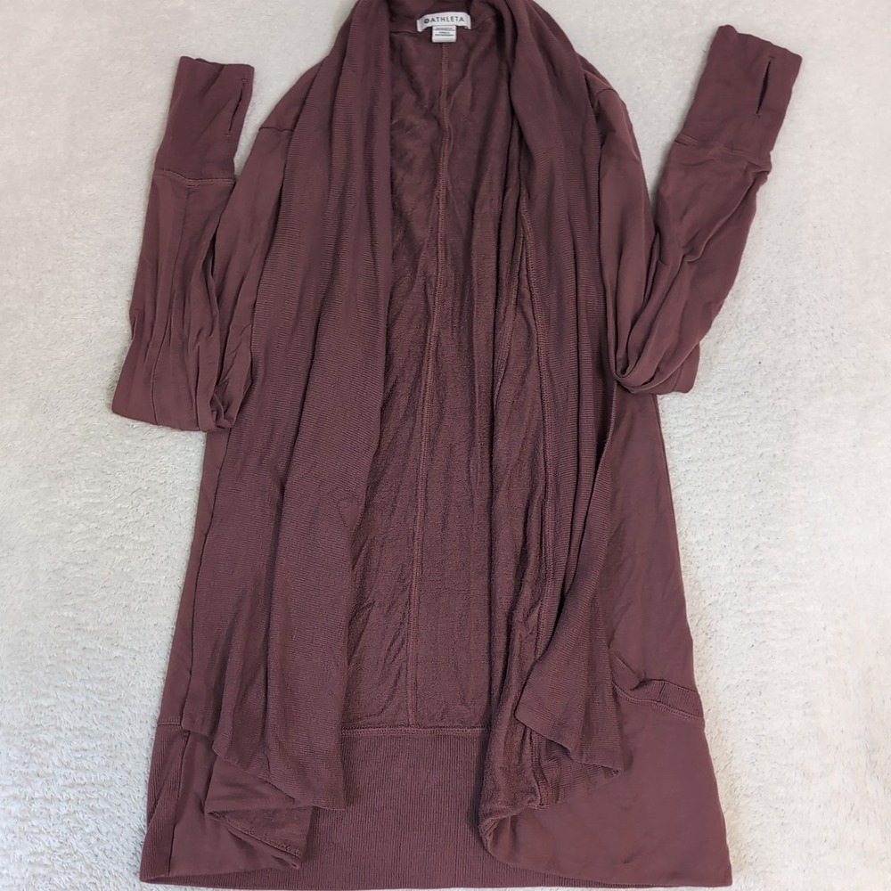 Athleta Open Front Drape Cardigan Wrap Sweater Burgundy Maroon Thumbholes
